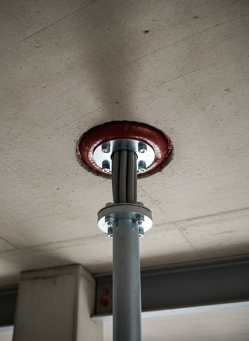 A close, photographic view of a fire-rated floor assembly penetration in a commercial tower, showing a steel pipe and cable bundle passing through a concrete slab, perfectly sealed from below with a firestop system. The underside of the slab reveals a neatly formed firestop collar and smooth, red intumescent sealant that transitions seamlessly to the concrete texture. Subtle, directional work-light illumination from one side creates gentle shadows that emphasize the contours of the pipe, fixings, and sealant without harsh contrast. The composition uses a tight, centered framing with sharp focus and a clean, neutral background, evoking precision, safety, and trust in the quality of the installation.