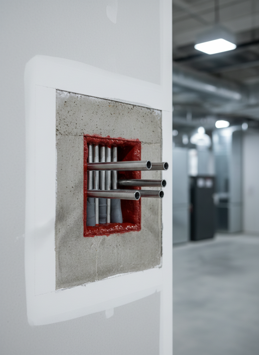 A close-up, photographic image of a meticulously sealed fire-rated wall penetration in a modern commercial building. Smooth, red intumescent firestopping sealant neatly surrounds a bundle of metallic conduit and insulated pipes passing through a clean, core-drilled opening in a concrete wall. The surrounding drywall is crisp and freshly painted, with clearly defined edges and no excess material. Shot at eye level with sharp focus, the background softly blurs into a tidy mechanical room. Cool, even LED ceiling lighting creates clear highlights on metal surfaces and gentle shadows along the sealed joint, conveying precision, safety, and professionalism in a clean, modern, realistic style.