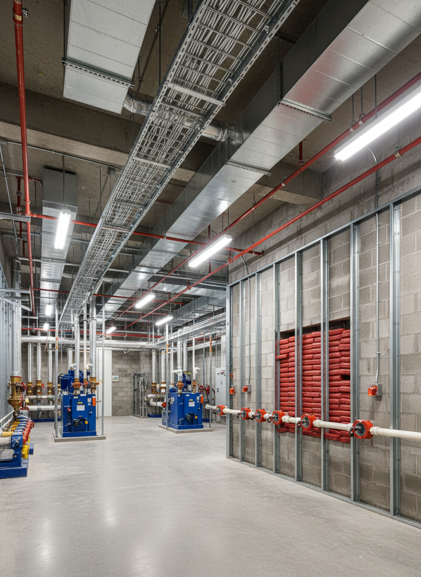 A photographic scene of a large, partially finished commercial mechanical room in a Calgary building, filled with organized piping, cable trays, and ductwork, all penetrations through the surrounding concrete block walls and fire-rated partitions expertly firestopped. Intumescent collars tightly encircle plastic pipes, red firestop sealant forms smooth, continuous beads around conduits, and firestop pillows are precisely stacked in larger openings. Cool white LED lighting from overhead fixtures evenly illuminates the room, revealing clean floors and clearly labeled equipment without clutter. Captured from a slightly elevated wide-angle perspective, the image conveys a sense of scale, reliability, and decades of technical experience applied to complex building systems.