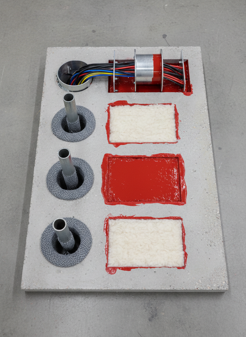 A detailed, photographic overhead shot of a section of exposed concrete slab with multiple service penetrations, each professionally finished with different firestopping systems. Circular openings contain metal pipes wrapped with firestop wrap strips, rectangular slots are neatly packed with mineral wool and coated with red firestop sealant, and a cable bundle passes through a firestop sleeve system. Each material shows distinct textures: fibrous mineral wool, smooth glossy sealant, and matte metallic pipe surfaces. Neutral workshop lighting from above casts soft, practical shadows, highlighting the clean workmanship. The mood is technical and serious, with a clear, educational composition that showcases the variety and quality of firestopping methods used by an experienced contractor.