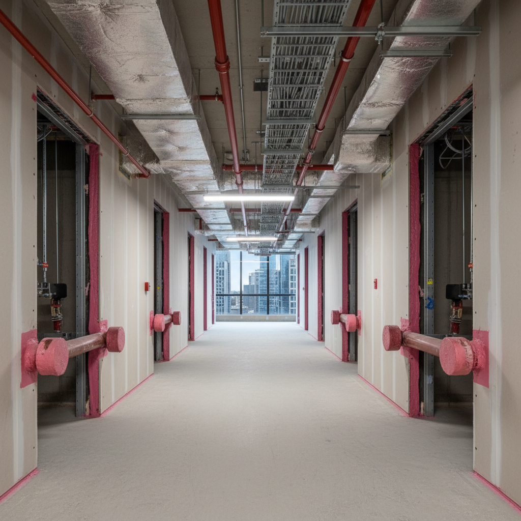 A wide, photographic view of a new high-rise corridor in downtown Calgary, showing expertly installed firestopping along the ceiling service penetrations. Continuous runs of insulated ductwork, sprinkler piping, and cable trays pass through neatly sealed fire-rated walls and bulkheads, each opening filled with uniform firestop sealant and pre-formed firestop collars. Through the windows at the far end of the corridor, a recognizable Calgary skyline with modern glass towers is softly visible. Neutral overhead lighting creates an even, bright environment with crisp details from foreground to background. The composition uses a leading-line perspective down the hallway, emphasizing order, safety, and a professional, real-world construction setting.
